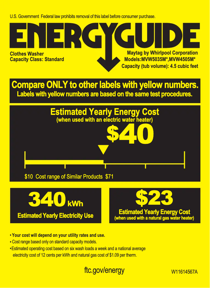 Page 1 of the manual Energy Label Maytag MVW4505MW
