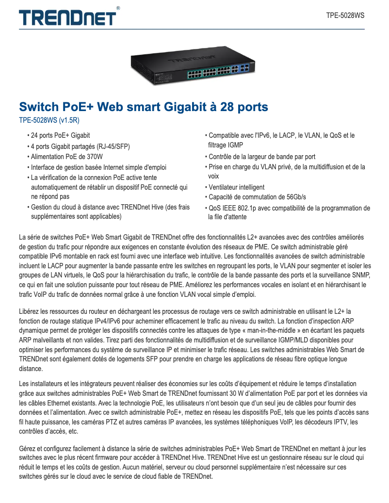 Page 1 of the manual Technical Sheet TRENDnet TPE-5028WS