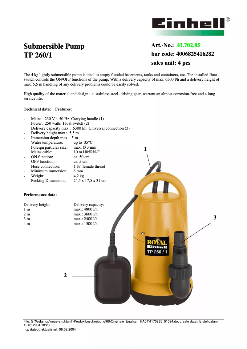 First page image of the manual for Royal TP 260/1