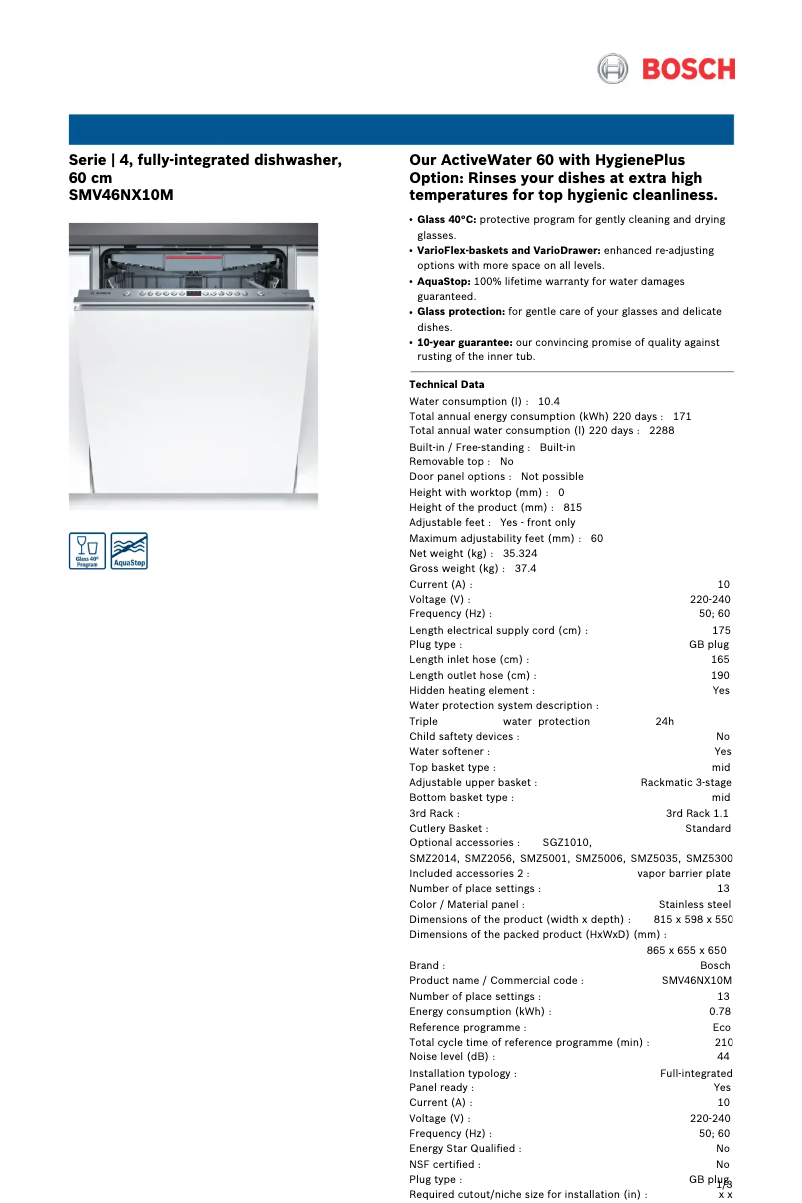 Page 1 of the manual Technical Sheet Bosch SMV46NX10M