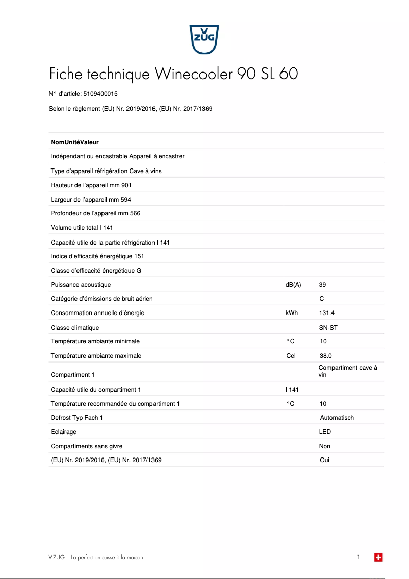 Page 1 of the manual Technical Sheet V-Zug Winecooler 90 SL 60