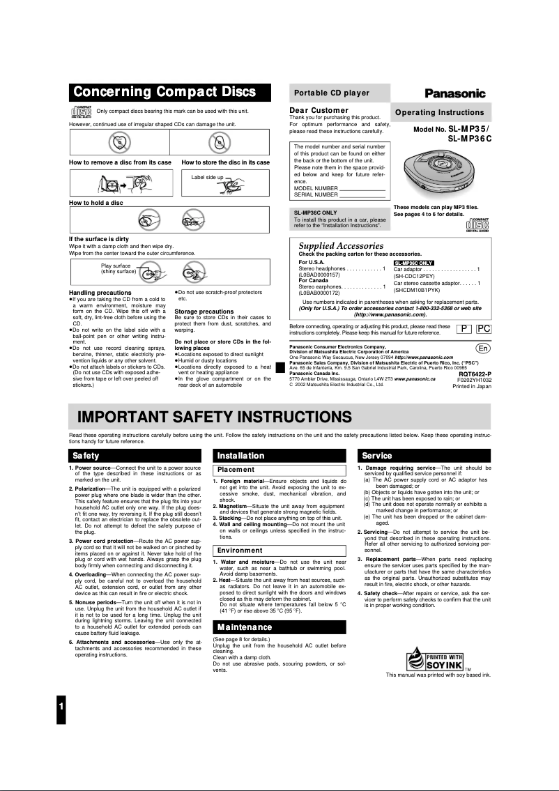 Page 1 of the manual User Manual Panasonic SL-MP35PC