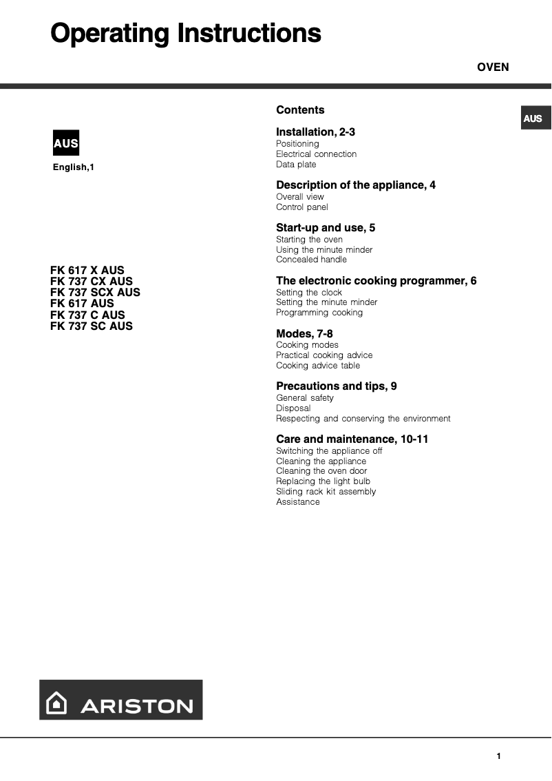 Page 1 of the manual User Manual Ariston Thermo FK617XAUS