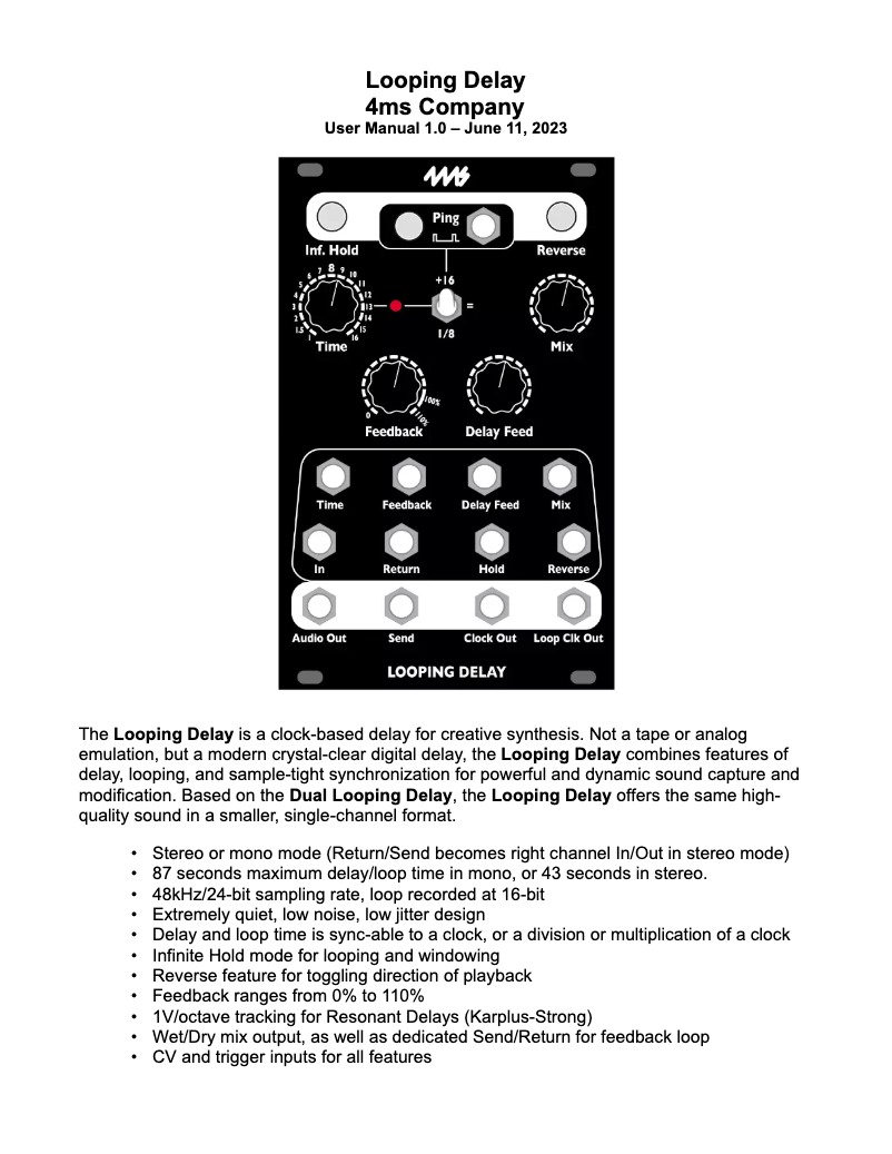 First page image of the manual for Looping Delay