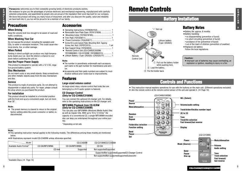 Page 1 of the manual User Manual Panasonic CQ-C3300W