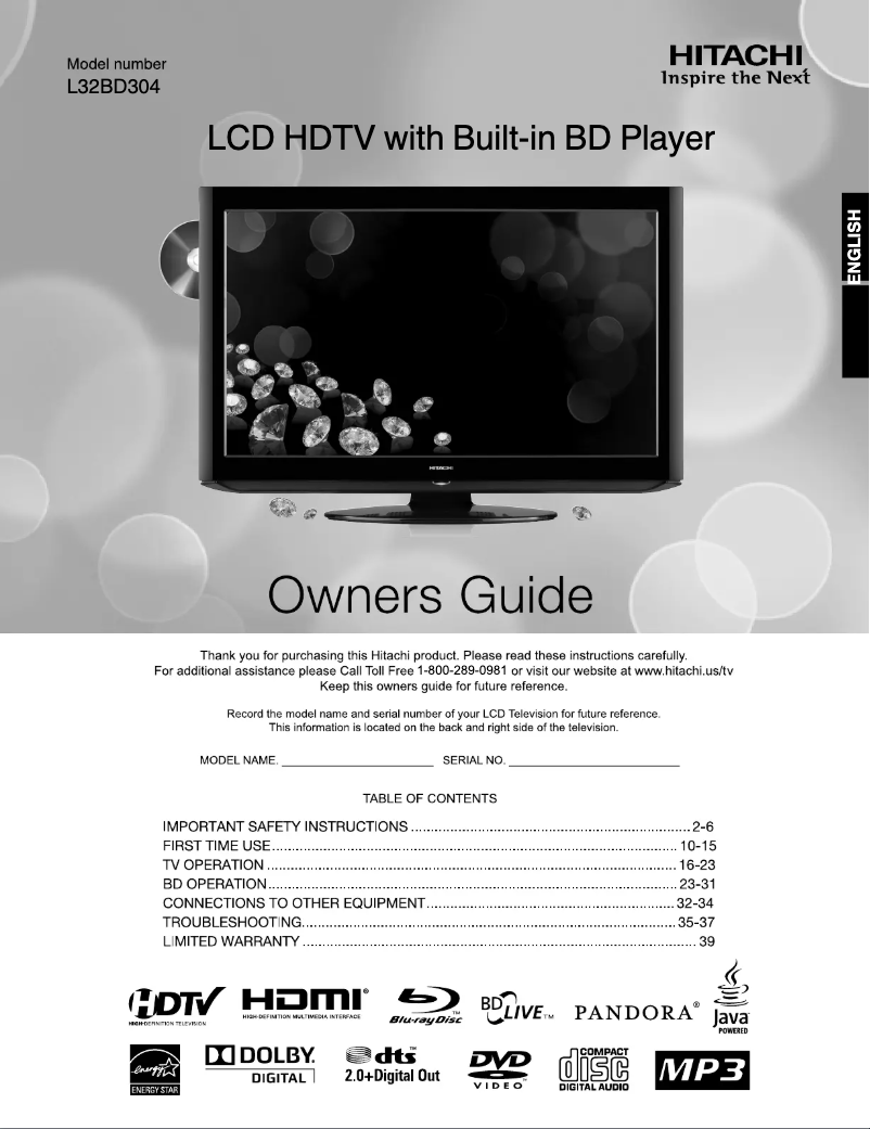 Page 1 of the manual User Manual Hitachi L32BD304