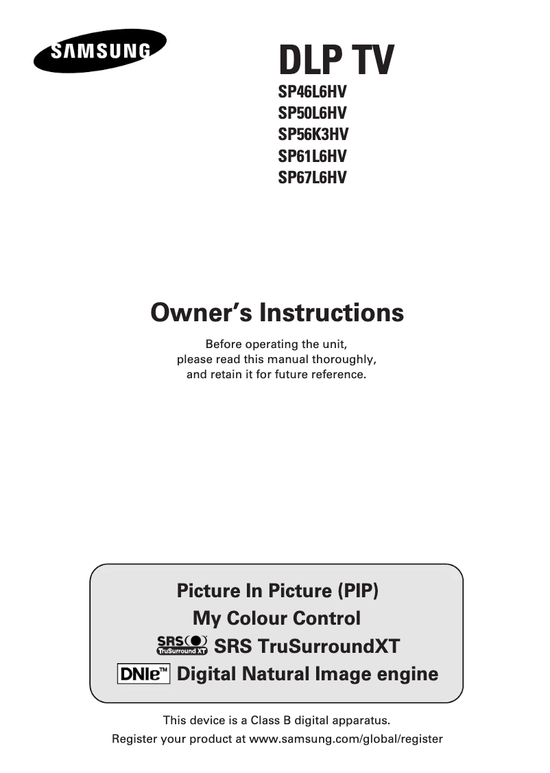 Page 1 of the manual User Manual Samsung SP67L6HV