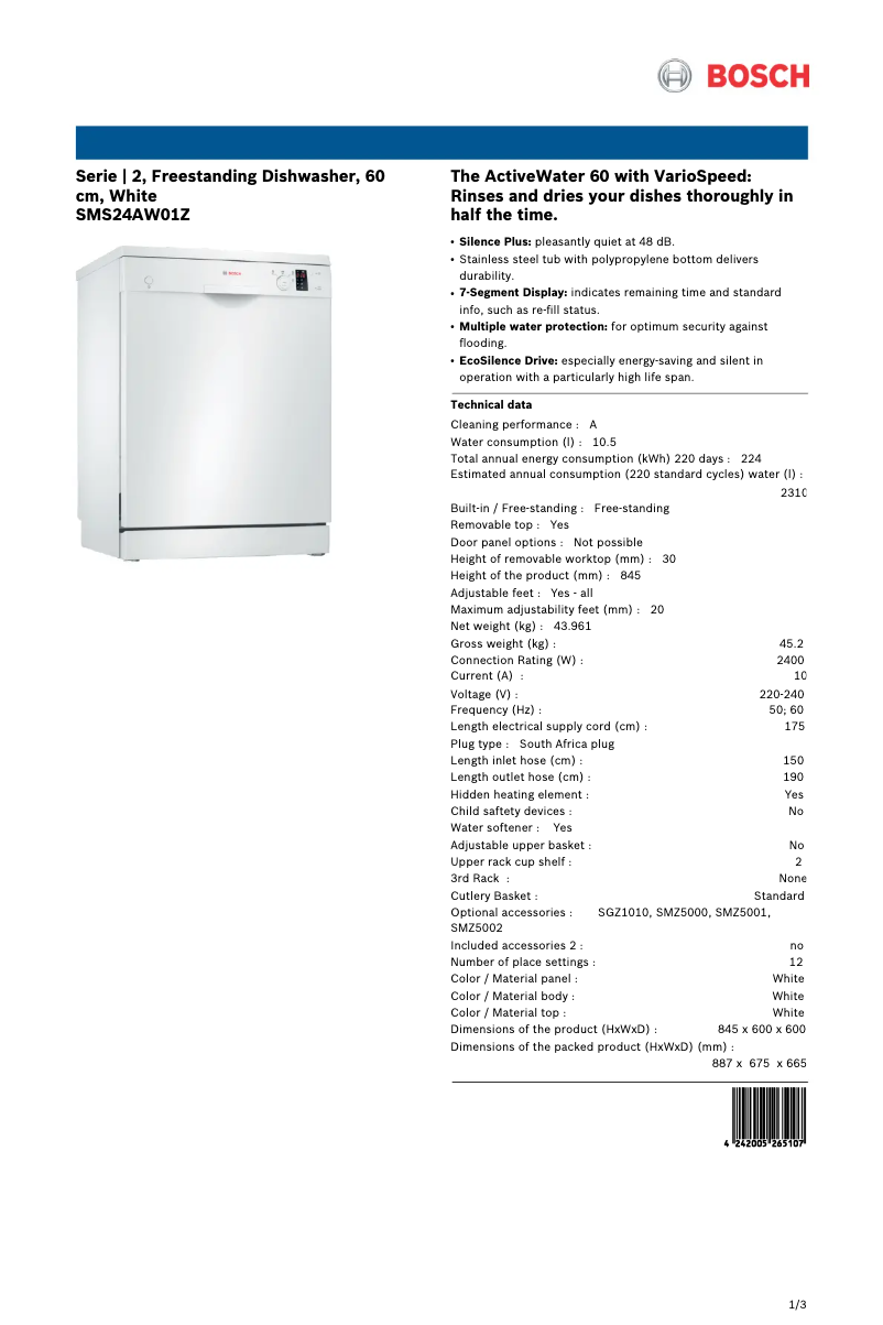 Page 1 of the manual Technical Sheet Bosch SMS24AW01Z