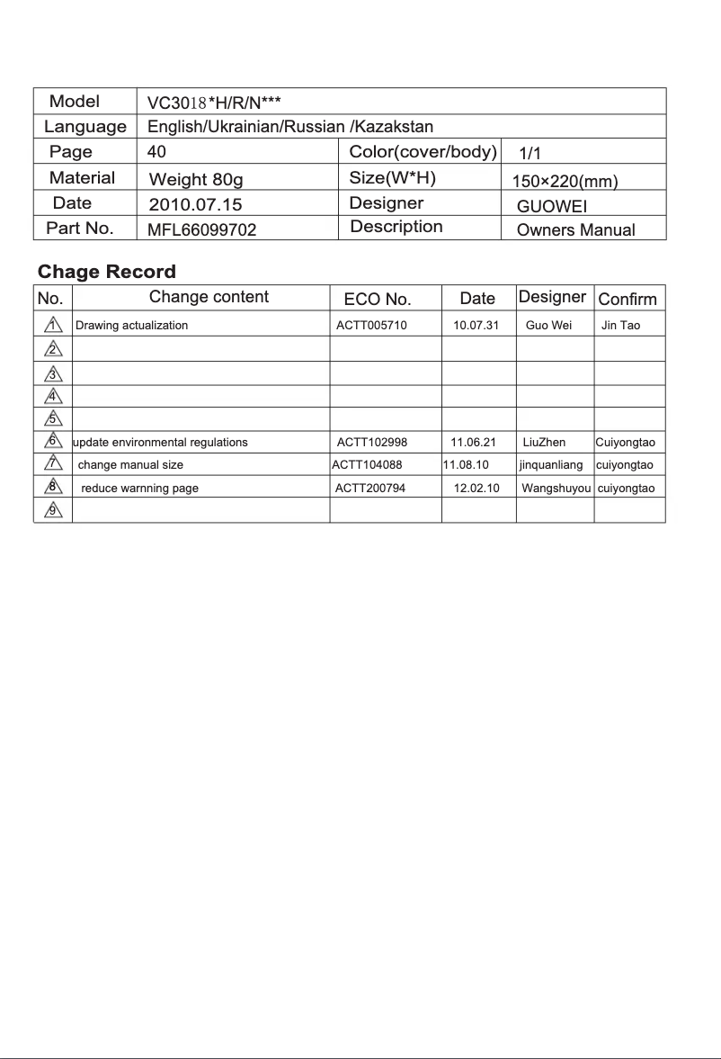 First page image of the manual for VK71186HC