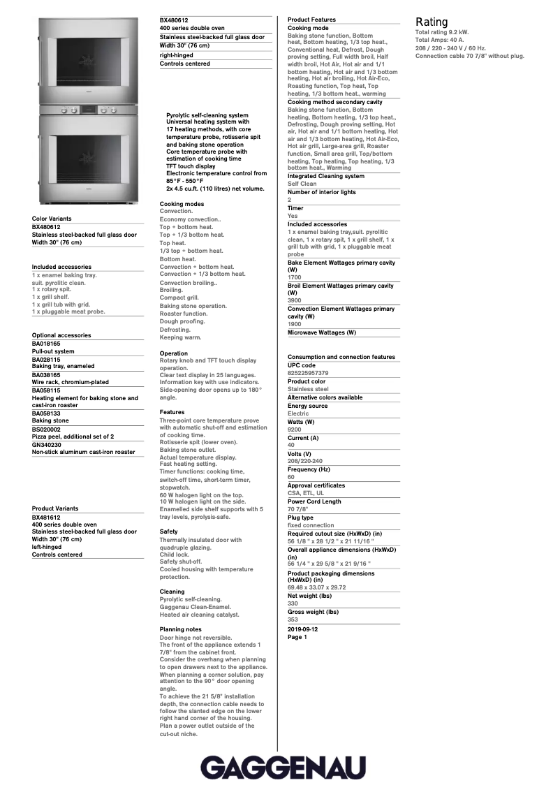 Page 1 de la notice Fiche technique Gaggenau BX480612
