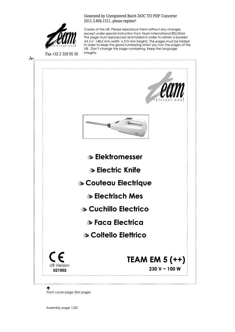 First page image of the manual for EM 5