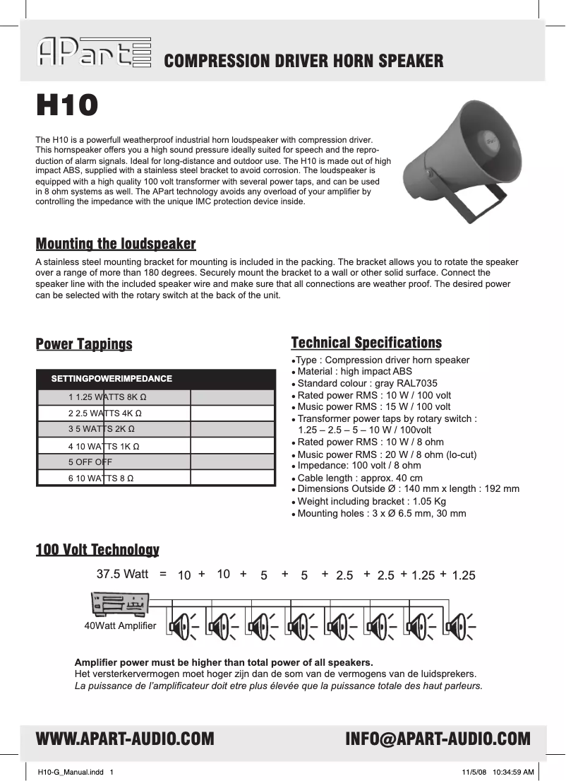 Page 1 of the manual User Manual APart H10-G