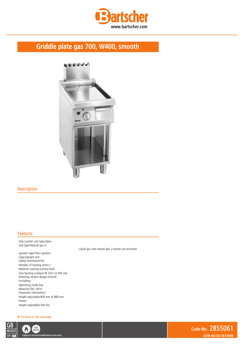 Page 1 of the manual Technical Sheet Bartscher 2855061