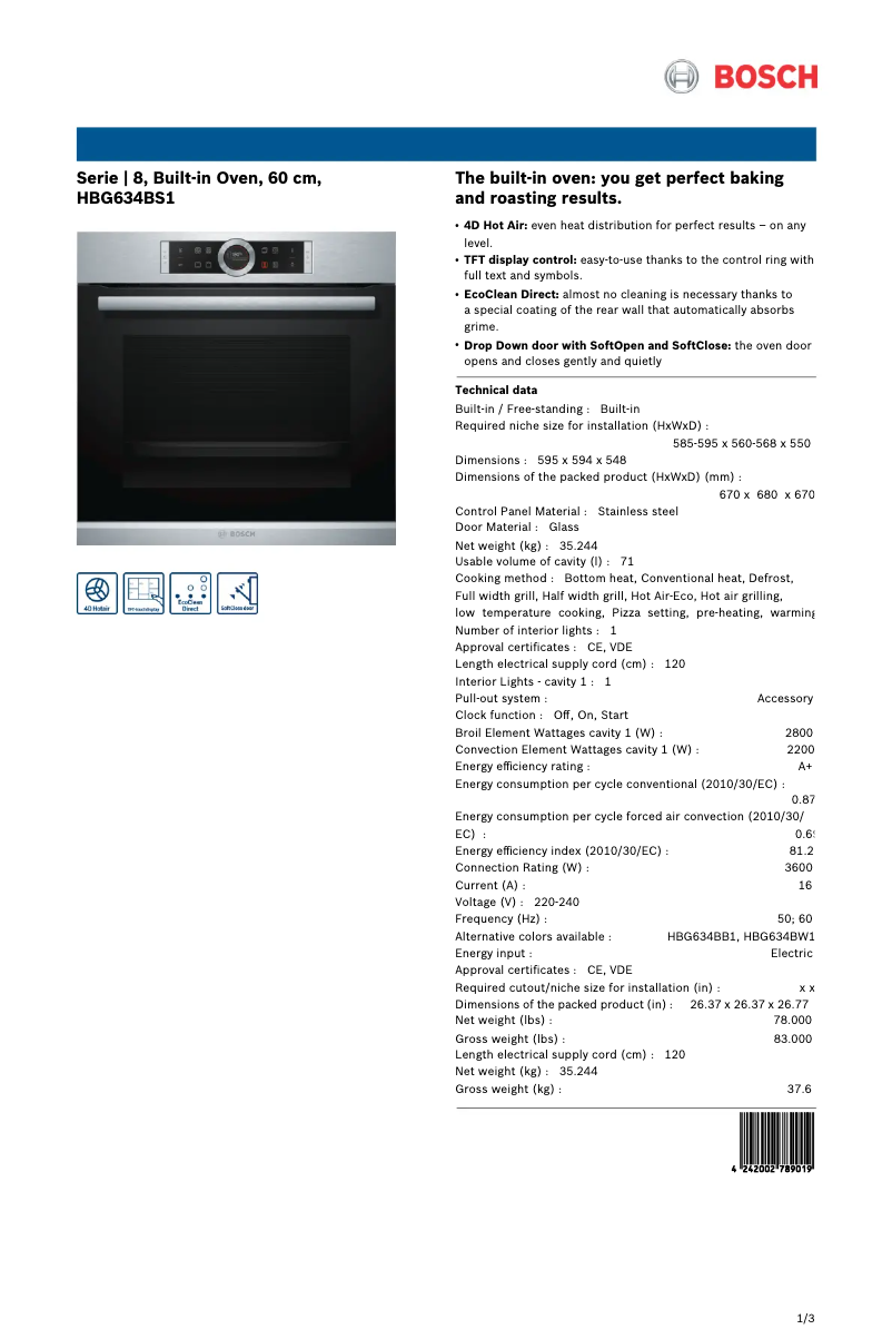 Page 1 of the manual Technical Sheet Bosch HBG634BS1