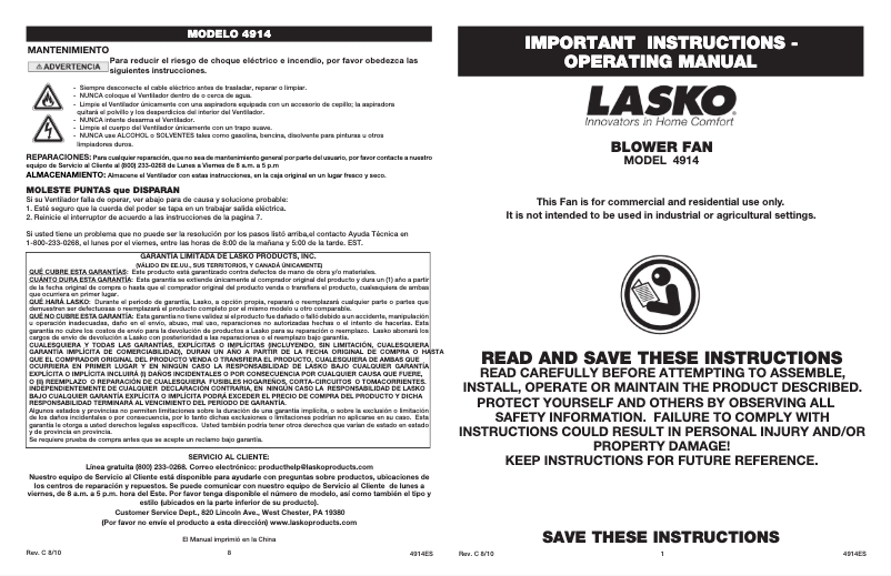 Page 1 of the manual User Manual Lasko 4914