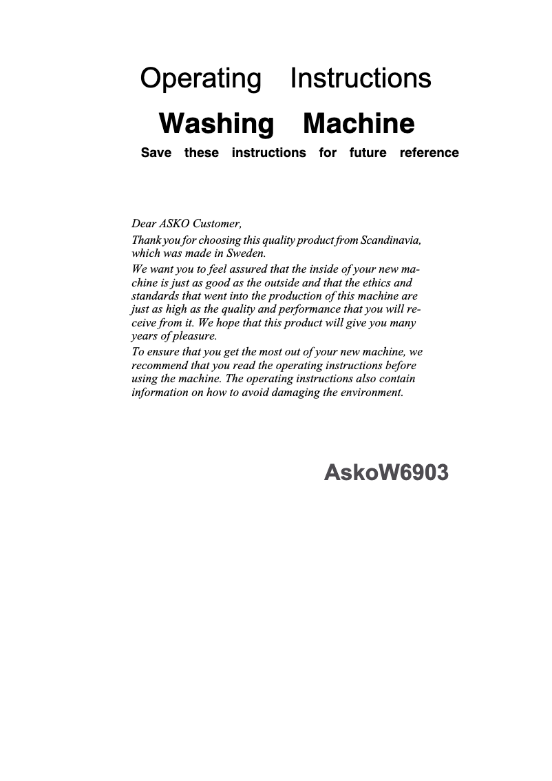 Page 1 of the manual User Manual Asko W6903FI