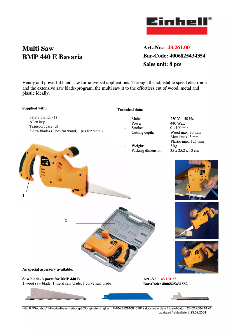 Page 1 of the manual User Manual Bavaria by Einhell Bavaria BMP 440