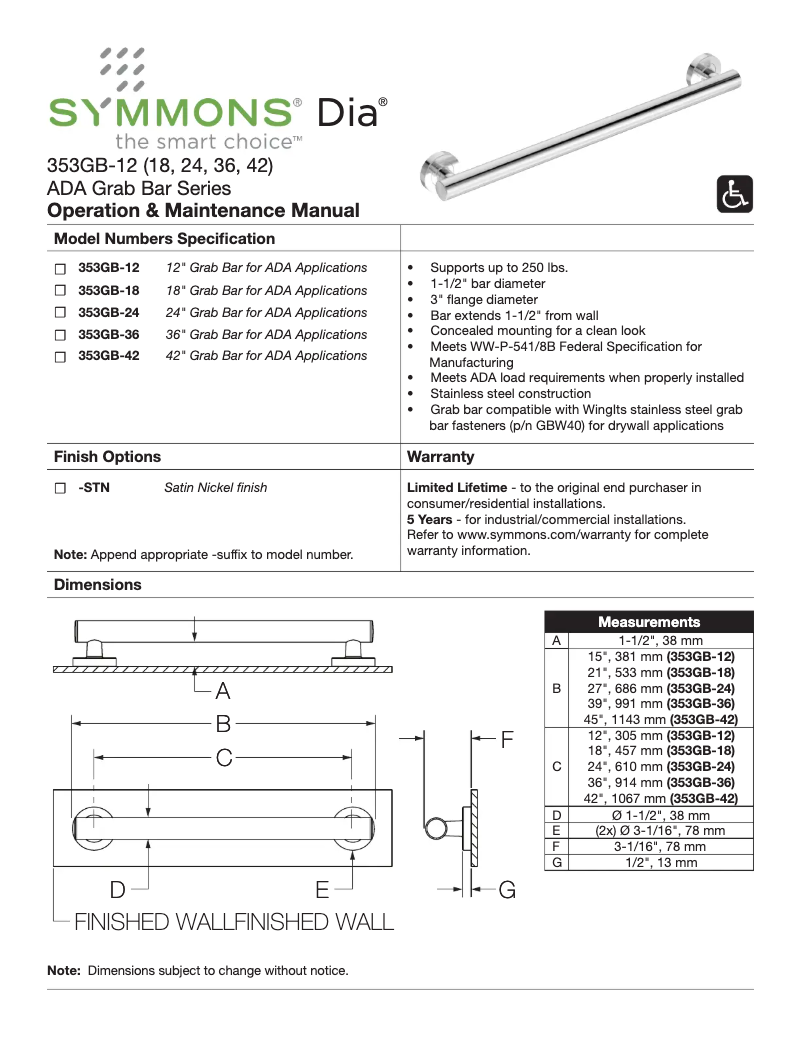 Page 1 of the manual User Manual Symmons Dia 353GB-36