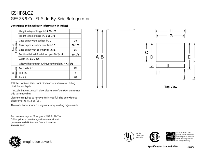 Page 1 of the manual Technical Sheet GE GSHF6LGZBB