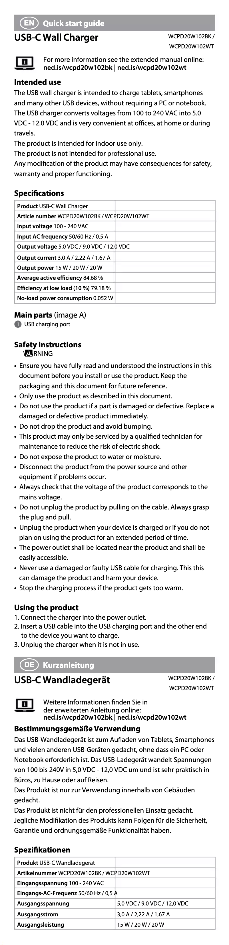 First page image of the manual for WCPD20W102WT