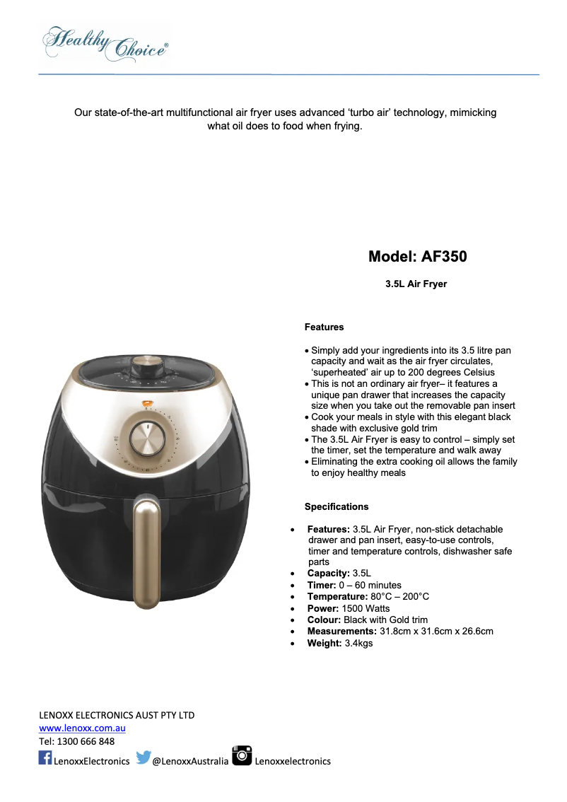 Page 1 of the manual Technical Sheet Healthy Choice AF350