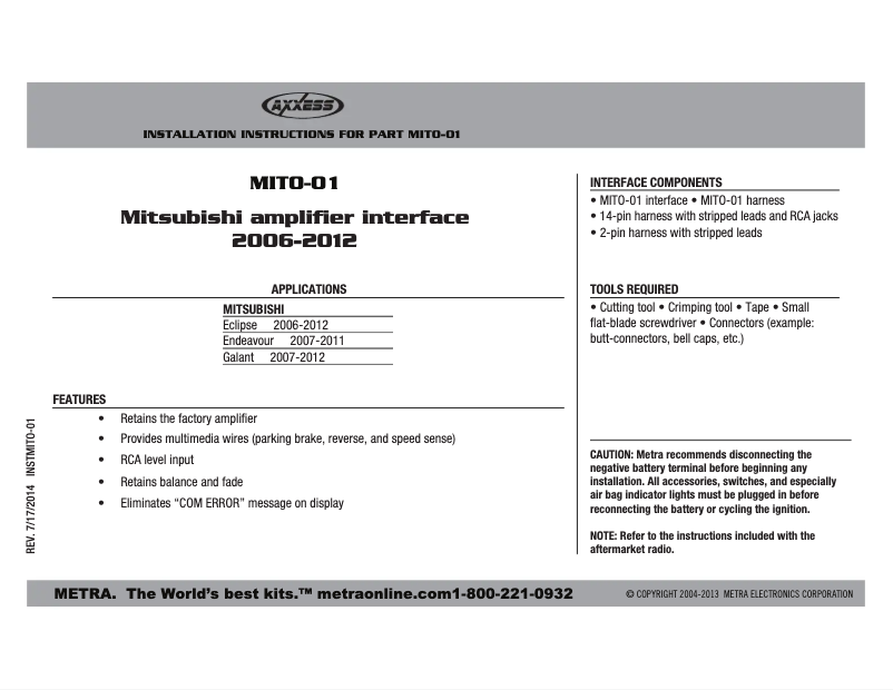 Page 1 de la notice Manuel utilisateur Metra MITO-01