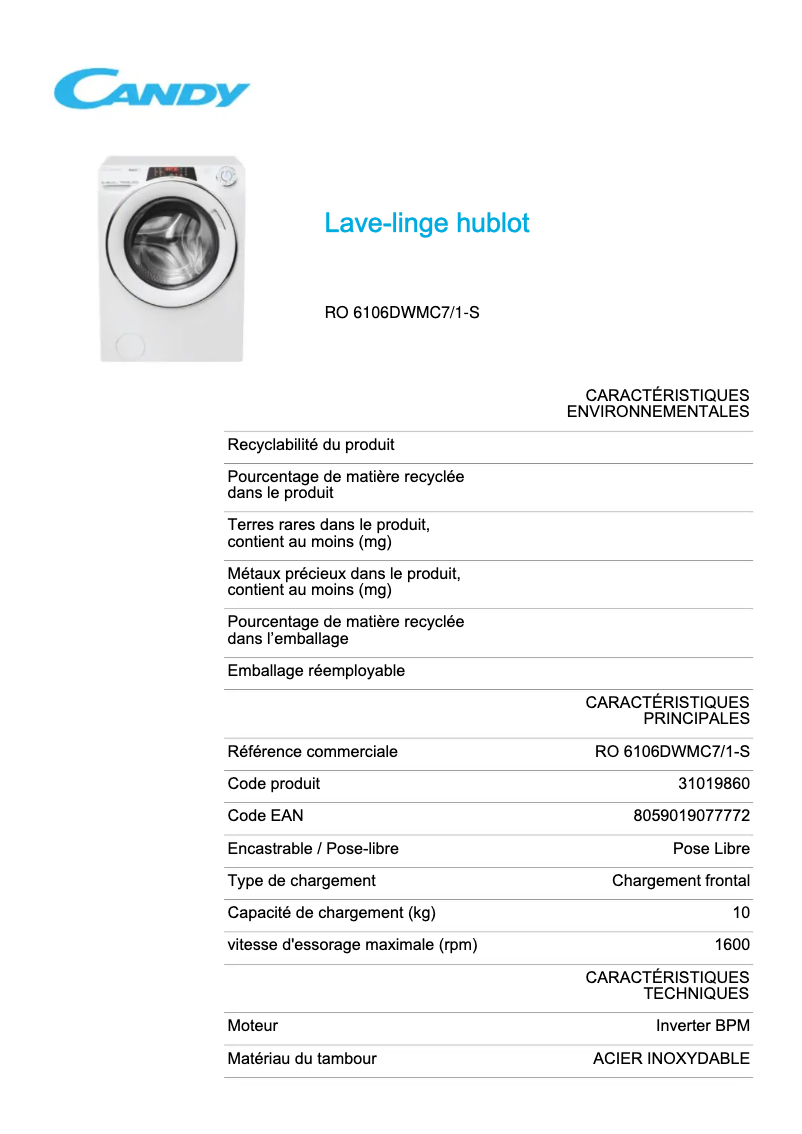 Page 1 of the manual Technical Sheet Candy RO 6106DWMC7/1-S