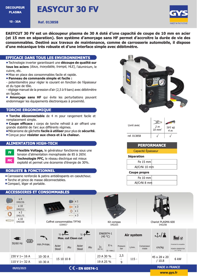 Page 1 of the manual Technical Sheet GYS Easycut 30 FV