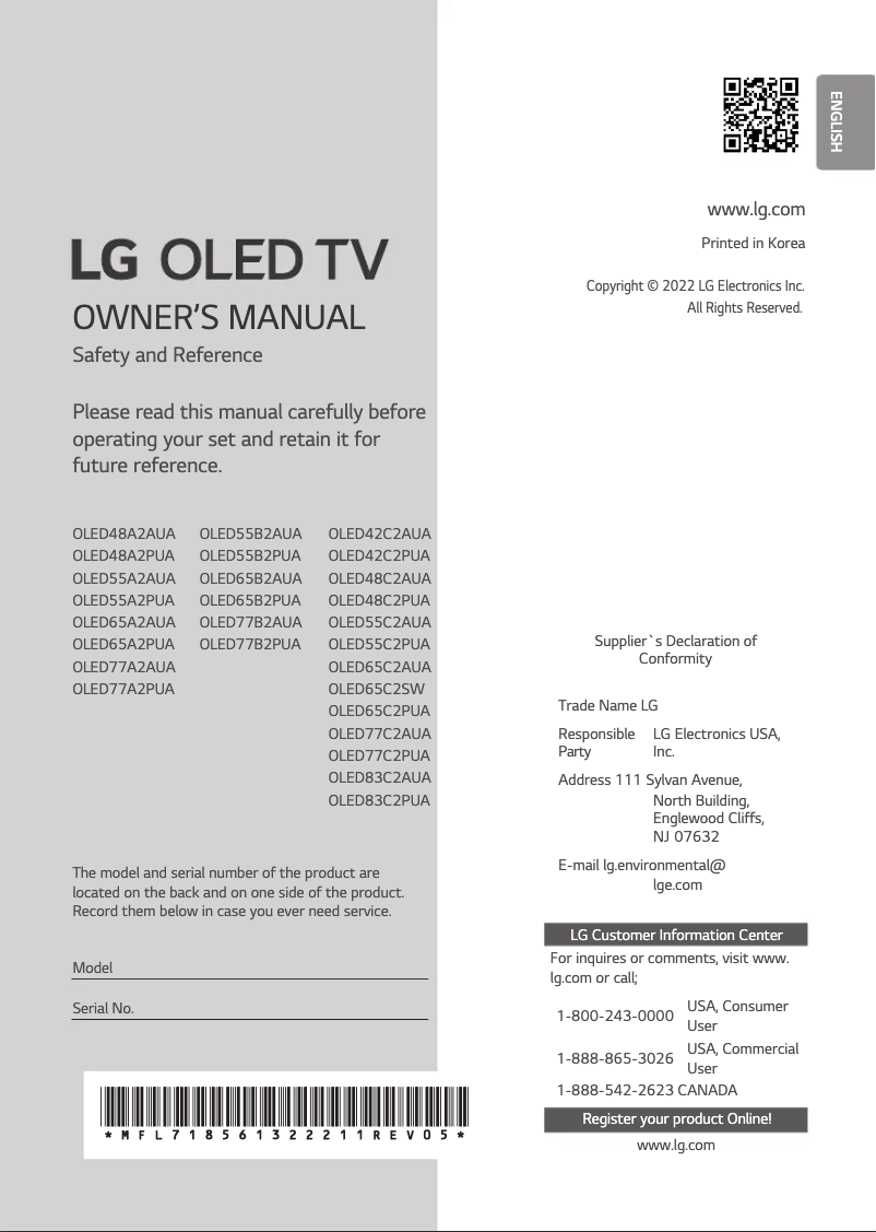 Page 1 of the manual User Manual LG OLED77A2PUA
