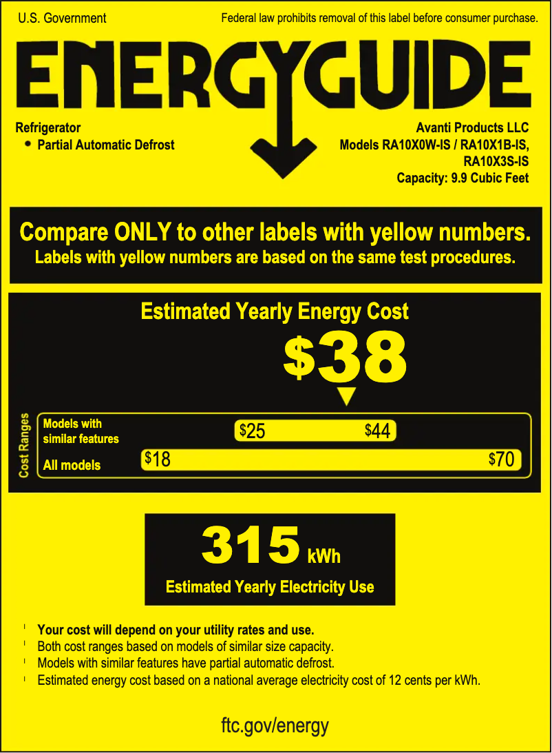 Page 1 of the manual Energy Label Avanti RA10X3S-IS
