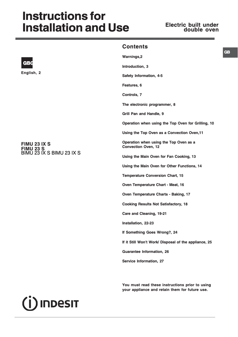 First page image of the manual for FIMU 23 IX S