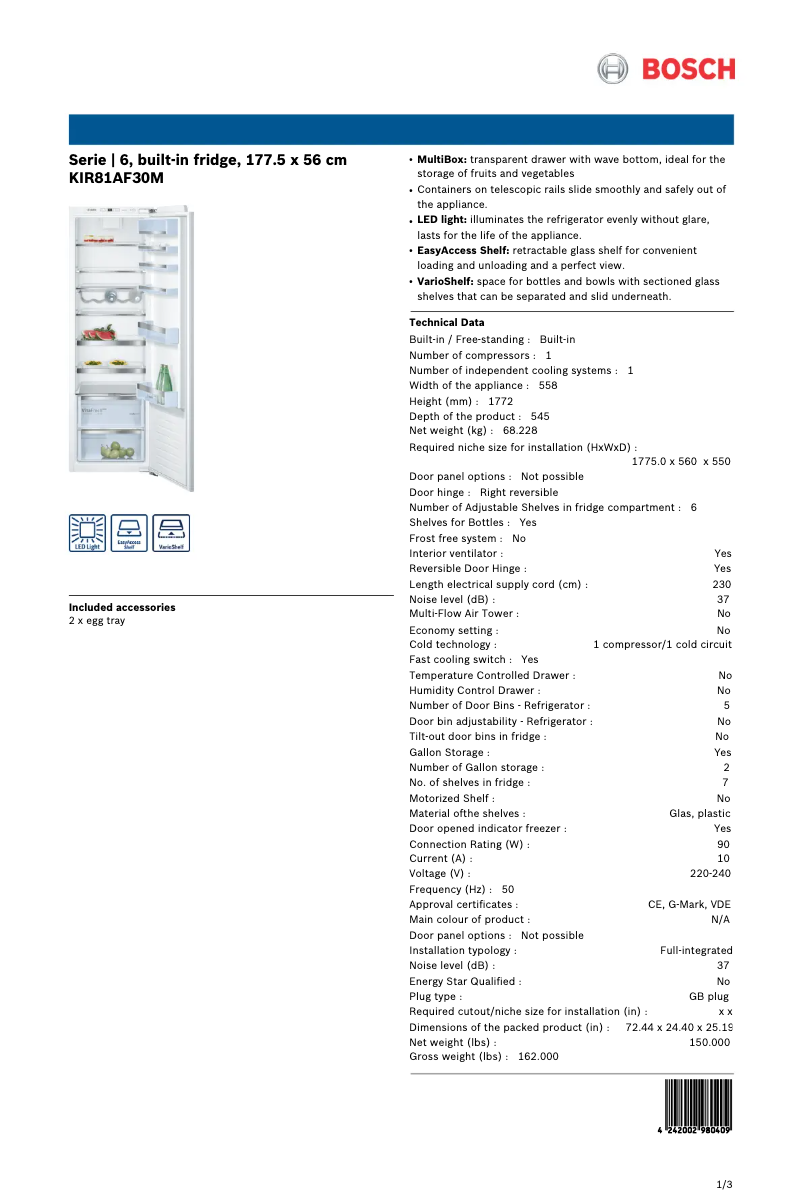 Page 1 of the manual Technical Sheet Bosch KIR81AF30M