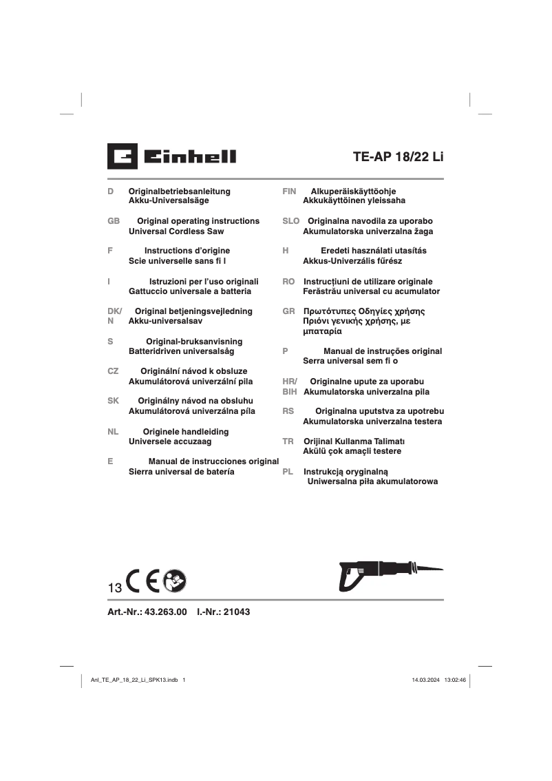 First page image of the manual for TE-AP 18/22 Li-Solo