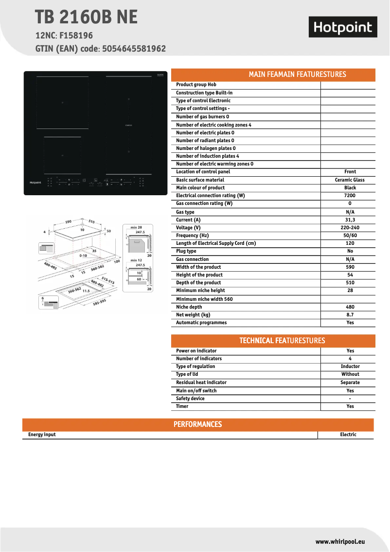 Page 1 of the manual Technical Sheet Hotpoint TB 2160B NE