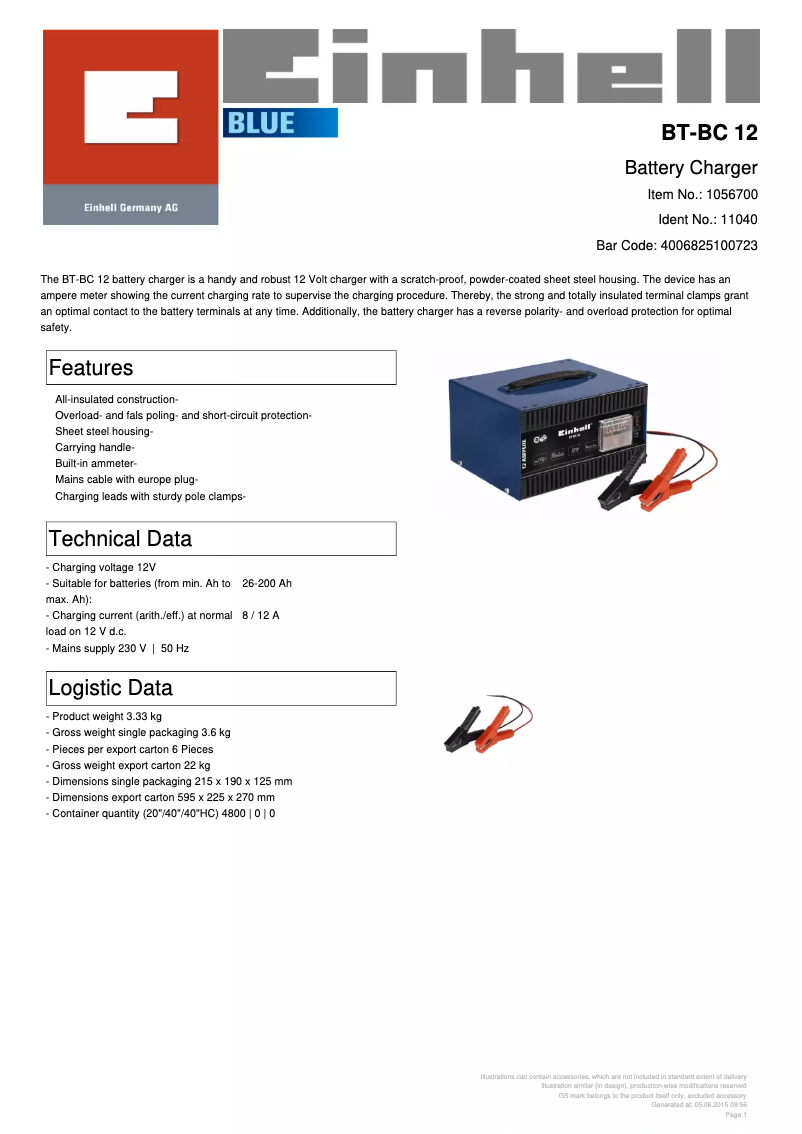 Page 1 of the manual Technical Sheet Einhell BT-BC 12