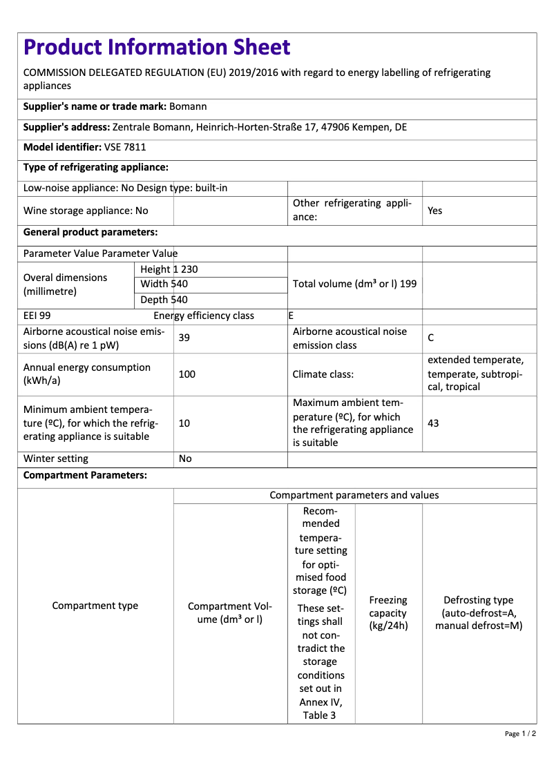 Page 1 of the manual Technical Sheet Bomann VSE 7811