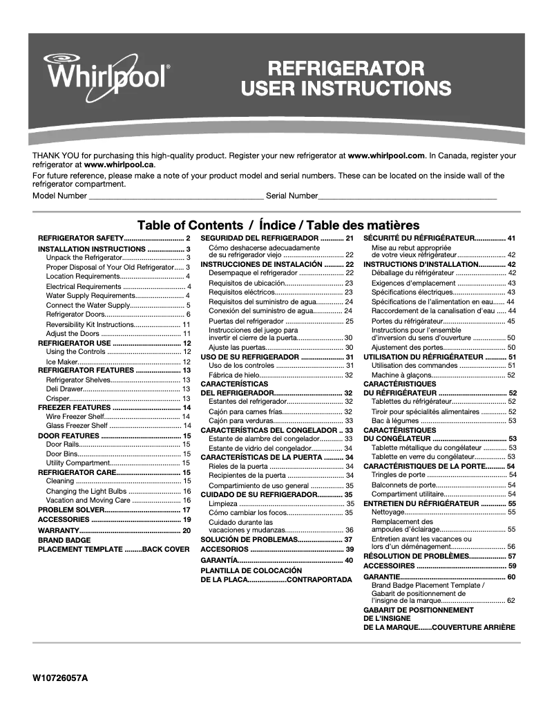 Page 1 of the manual User Manual Whirlpool WRT511SZDM