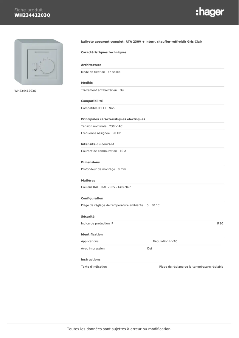 Page 1 of the manual Technical Sheet Hager WH23441203Q