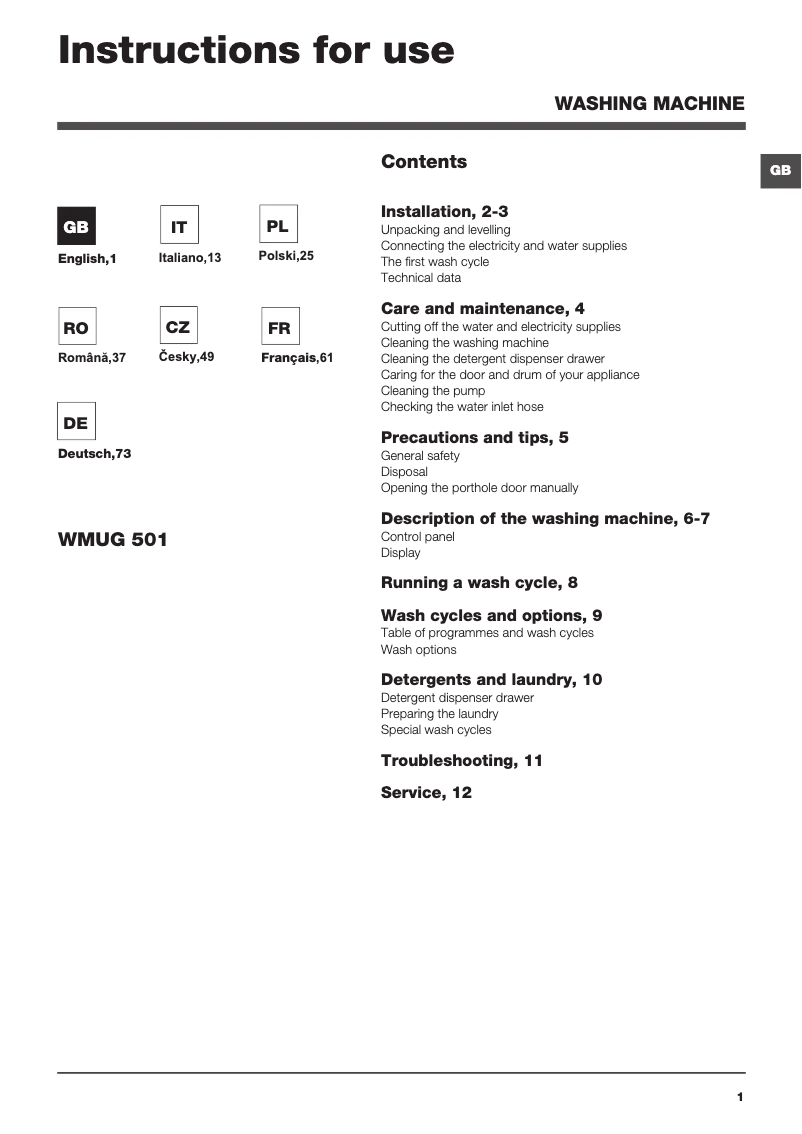 Page 1 of the manual User Manual Hotpoint Ariston WMUG 501 EU