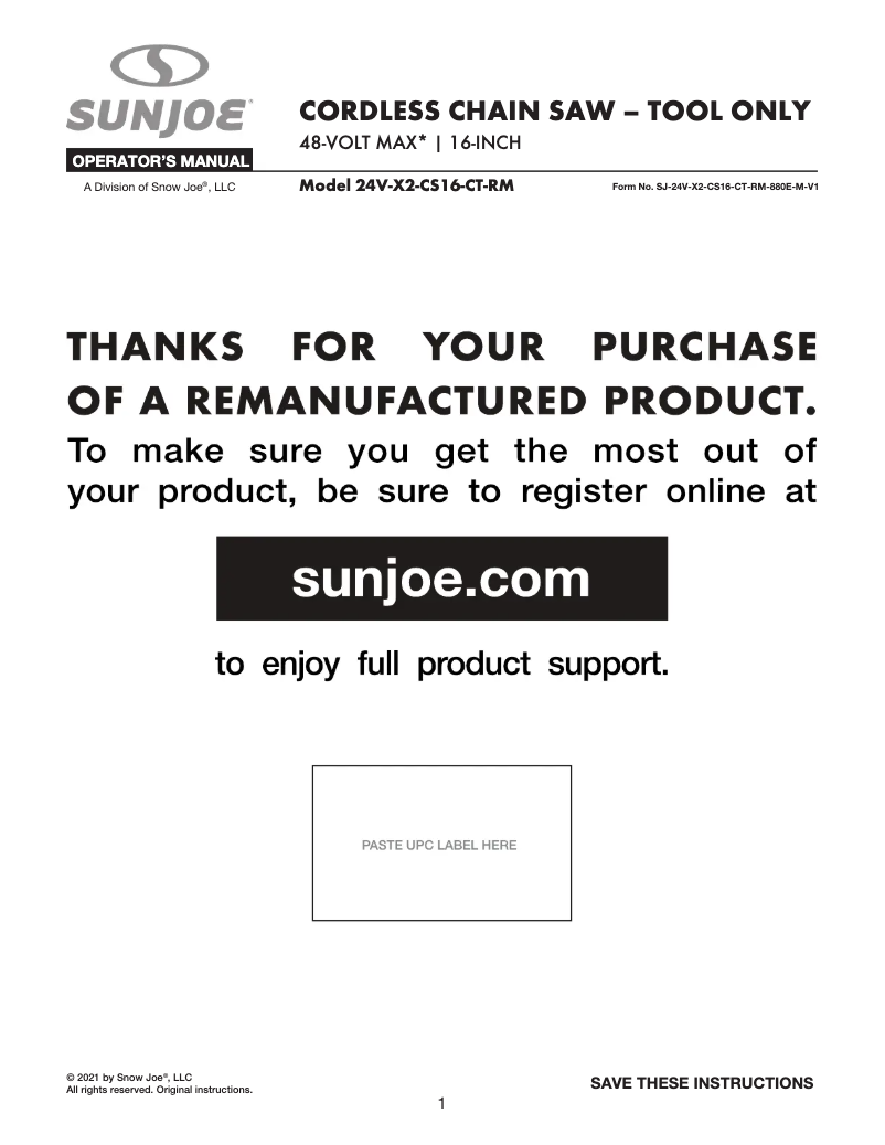 Page 1 of the manual User Manual Sun Joe 24V-X2-CS16-CT-RM