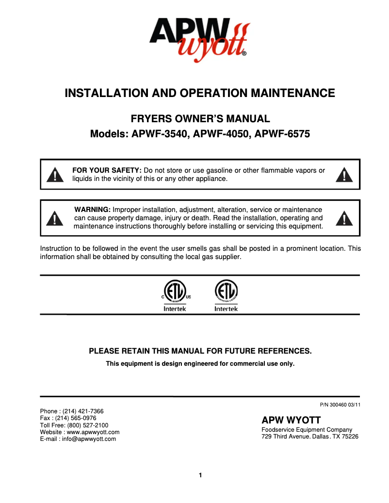 First page image of the manual for APWF-4050