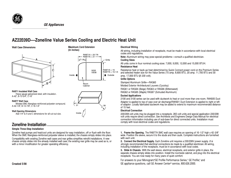 Page 1 of the manual Technical Sheet GE AZ22E09D2C