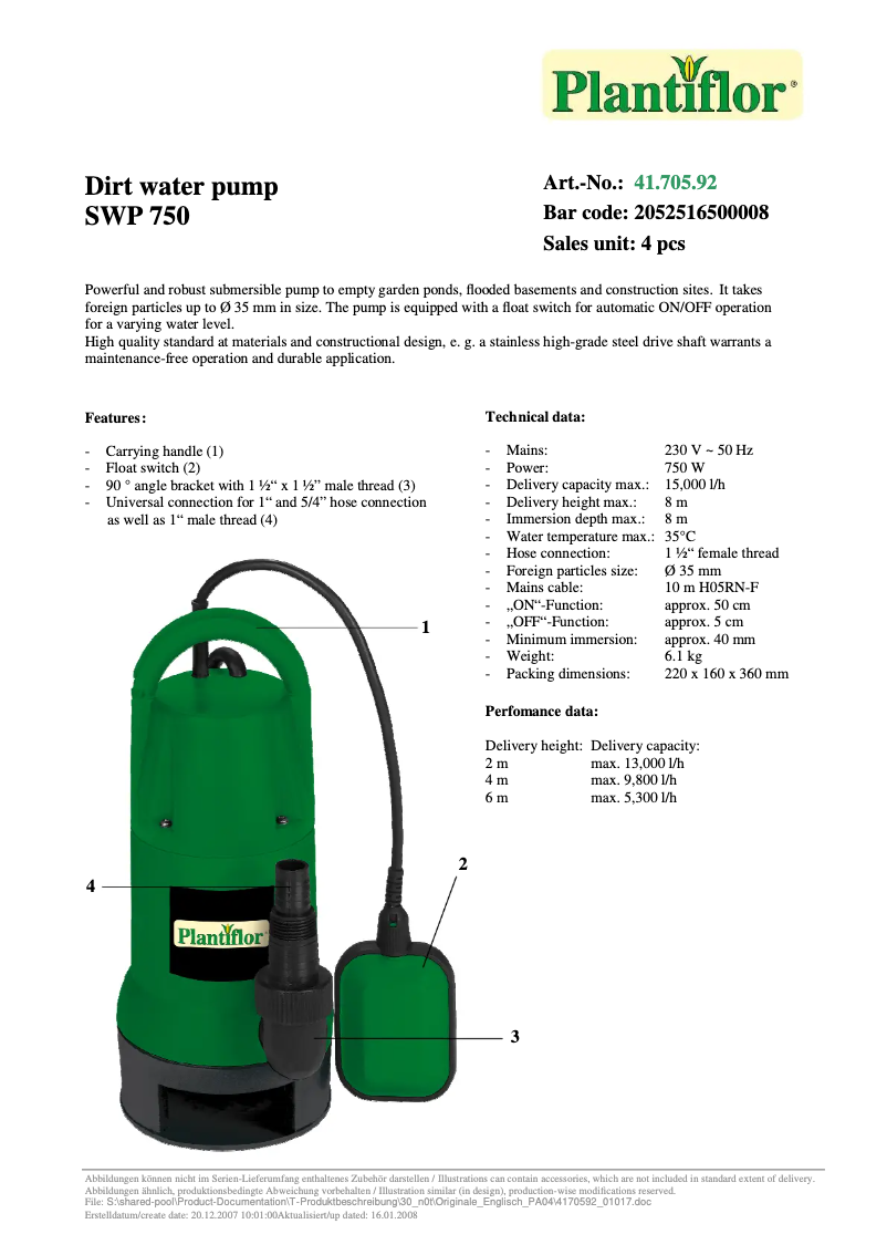 First page image of the manual for SWP 750