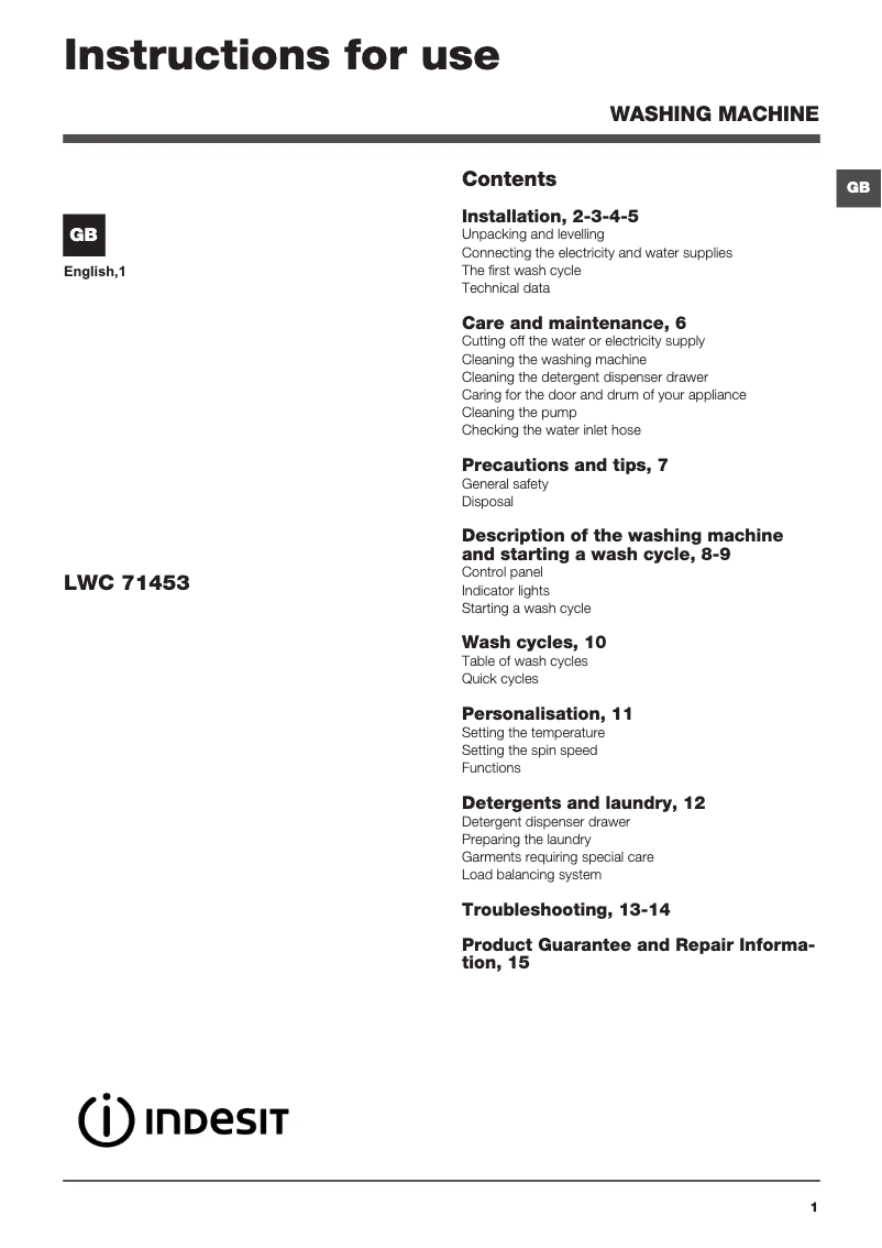 Page 1 of the manual User Manual Indesit LWC 71453 W UK