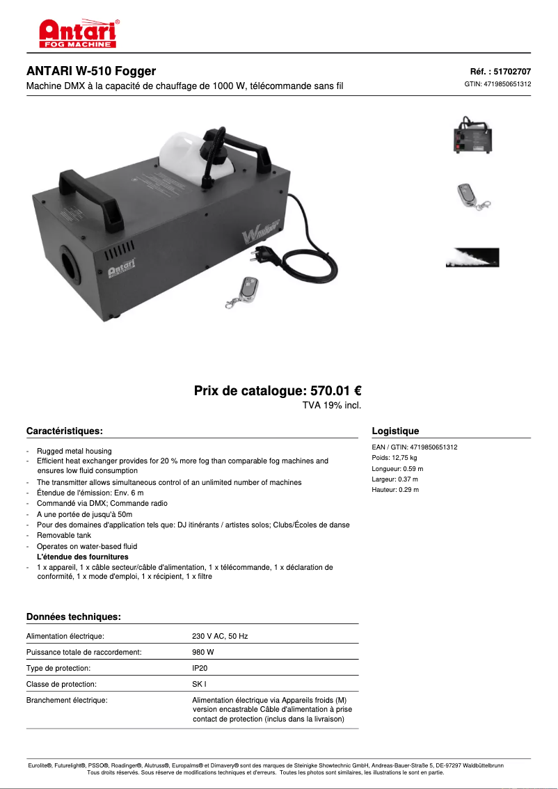 Page 1 of the manual Technical Sheet Antari W-510