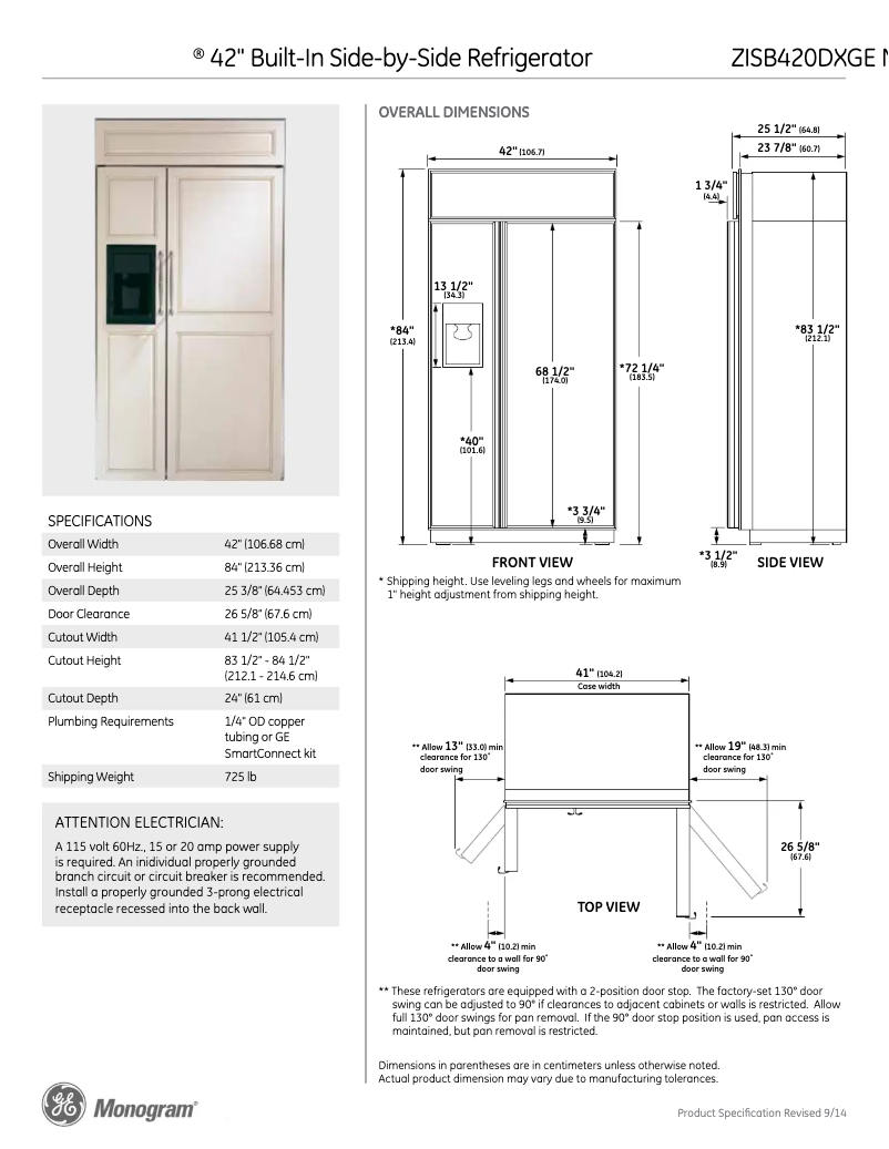 Page 1 of the manual Technical Sheet GE ZISB420DX
