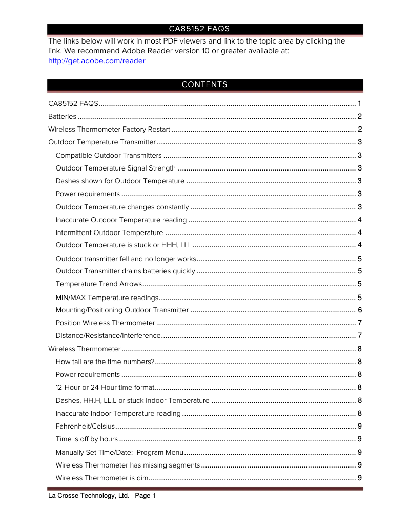 Page 1 of the manual FAQ La Crosse Technology CA85152