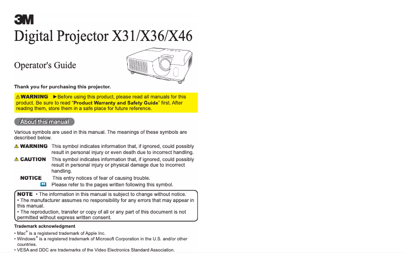 Page 1 of the manual User Manual 3M X36