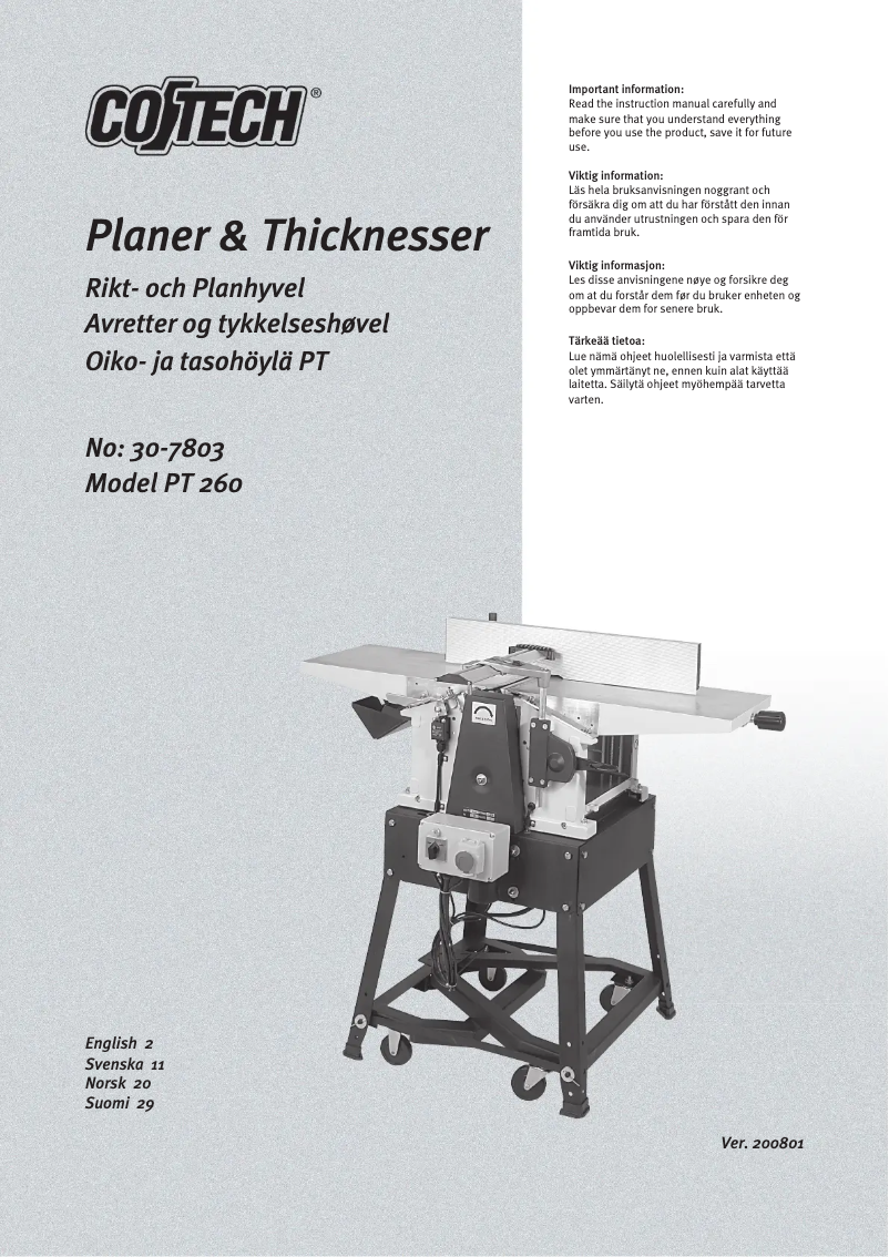 First page image of the manual for PT260