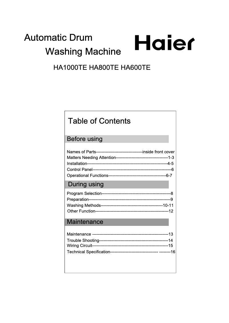 First page image of the manual for HA800TE